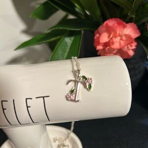 Silver and Pink “T” Pendant Necklace